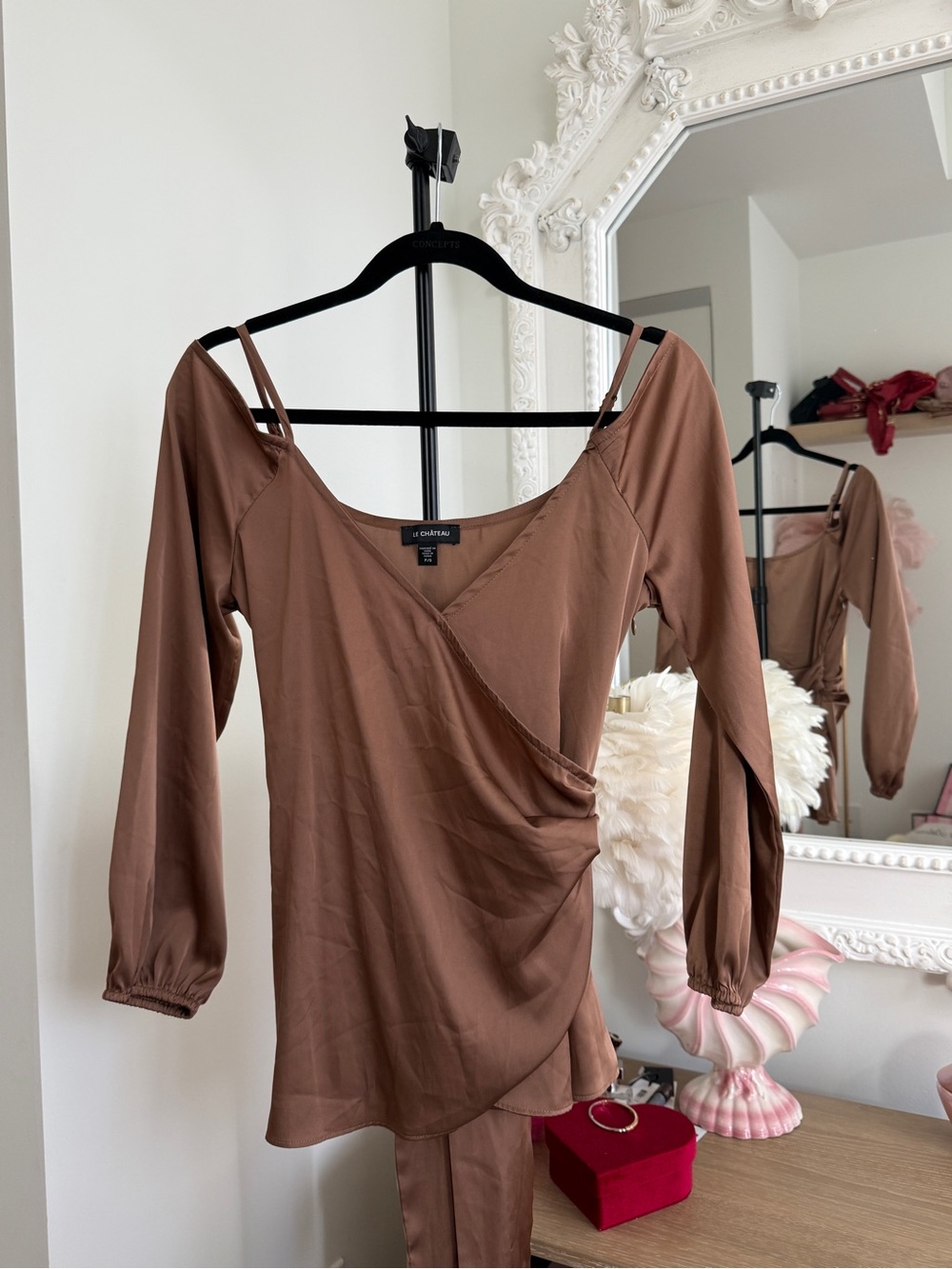 Le Chateau Satin Peplum Wrap-Front Blouse